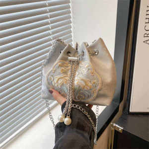 New Chinese Style Womens Bucket Bag Crossbody Chain Handbag Soft PU Leather Fashionable Autumn Winter Handbag