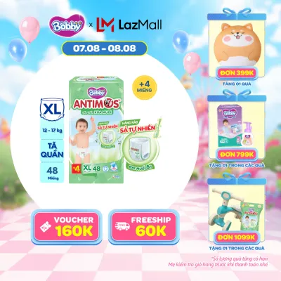 [20g 7-10.8 QUÀ TO][TẶNG KÈM 4 MIẾNG] Tã Quần Xua Muỗi Bobby Antimos – Hàng rào Sả tự nhiên Bye Muỗi 8H - Size XL 48 miếng