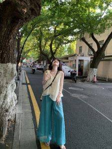 XUECAIQI | French Style Sweet V-Neck Sleeveless Top Wide Leg Pants Set