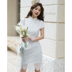 Elegant White Lace Young Style Qipao Wedding Dress Short Sleeve High Waist H Version Polyester Fiber Spring Autumn Wear