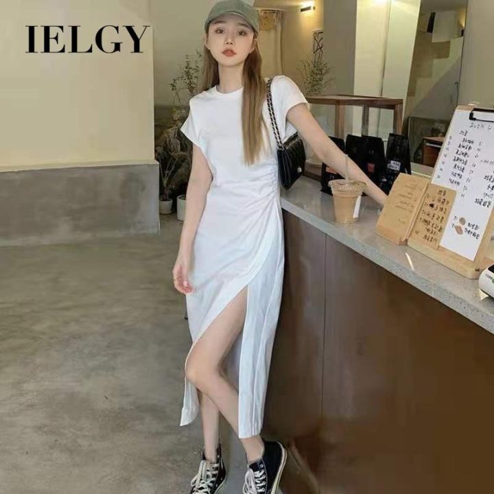 IELGY women's Korean style fashion slim tight-fitting short-sleeved solid  color slit slim fit hip dress | Lazada