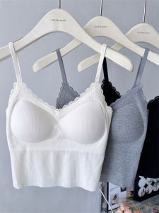Korean Style V-Neck Lace Fixed Cup Tank Top Seamless Bare Feeling Underwear Summer Wear Outerwear Sweet Style Slim Fit