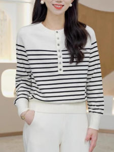 เสื้อสเวตเตอร์ถักคอวีแขนยาวผ้าขนสัตว์ลายทางสีบล็อกสไตล์เกาหลีสำหรับใส่ไปทำงานในฤดูใบไม้ร่วง เสื้อชั้นในทรงเข้ารูป