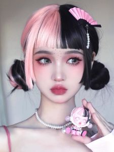 Womens Long Hair Lolita Pink Black Gradient Wig Front Bangs Halloween Cosplay Fake Hair Dopaamine Head Cover Middle Parting
