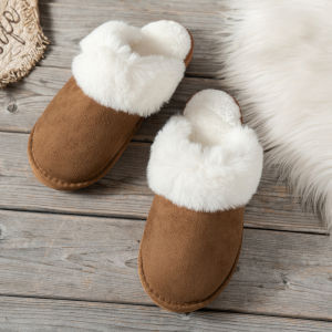 Womens Winter Solid-Color Warm Non-Slip Comfortable Low-Heel Slip-On House Slippers Casual Thickened Soft Plush Slippers