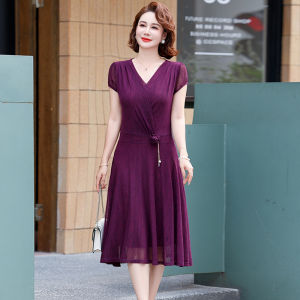 Fashionable Midlife Women Summer Dress Slimming Long Skirt V Neck Polyester Fiber Regular Sleeve Length Midi Dress Cover Belly