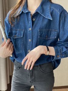 เสื้อแจ็คเก็ตยีนส์ทรงหลวมสำหรับผู้หญิง ฤดูใบไม้ผลิและฤดูใบไม้ร่วง แขนยาว ขนแกะบุ ดีไซน์เสื้อเชิ้ต เสื้อเชิ้ตสไตล์ย้อนยุค