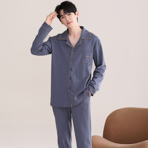 Miiow | Mens Pure Cotton Long Sleeve Sleepwear Set Casual Loose Fit Home Clothes Outdoor Wearable Comfortable Breathable Summer Pyjamas
