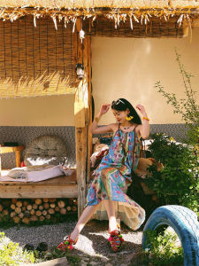 Feng Boss Retro Oil Painting Style Floral Strap Dress Women Summer Vacation Slimming Backless Long Skirt A-Line Gown