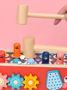 Kids Wooden Montessori Toy Multifunction Whack a Mole Activity Bus with Xylophone and Gear