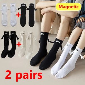 2 Pairs Magnetic Socks with Hands Women Men Fashion Black White Funny Cute Cartoon Eyes Couple Mid-tube Cotton Socks for Gifts