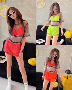 ML806 เซทชุดว่ายน้ำ 3 ชิ้นนีออนสะท้อนแสงแบบแซ่บๆค๊าา บราผูกคอและกางเกงขาสั้นทรงบาร์บี้
