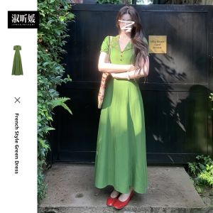 SUSIEYUAN | New Chinese Style Green Dress Womens Fashion Summer 2025 High Waist Short Sleeve V-Neck A-Line Skirt Elegant Long Dress