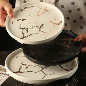 Creative Breakfast Plate Dinnerware Ceramic Steak Plate round Shape Nordic Style Home Use Dishwasher Safe Marble Pattern