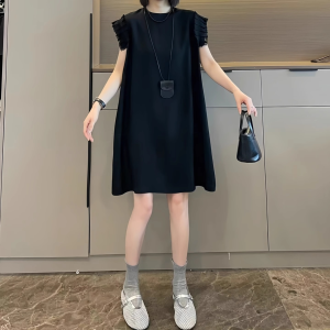 Elegant Lace Fly Sleeve Pleated Hem Midi Dress Women Summer plus Size Slimming A-Line Skirt Short Sleeve round Neck Dress