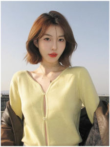 HUOLISI | Pastel Yellow V-Neck Short Knit Blouse Thin