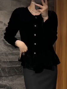 UYFY | Áo sơ mi dài tay màu đen cổ tròn rộng rãi thường ngày cho nữ mùa thu phong cách mới thời trang thanh lịch giảm béo
