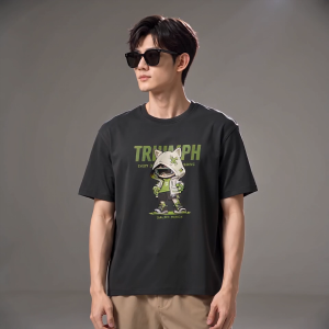 Baleno Mens Top Men 220g Pure Cotton Short T 9826201M2901 Cloud-Soft Cotton Comfort T-shirt. Green T-shirt with cartoon graphic tied plaid shirt casual outdoor setting.