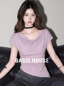 Basic House | Elegant Purple Open-Collar Slit Design T Shirt