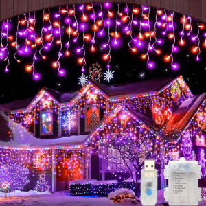 3.5M 105LED Icicle String Fairy Lights Outdoor Orange+Purple Garland For Halloween New Year Party Wedding Garden Patio Decor