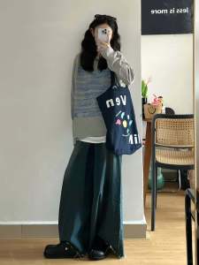 Retro American High เอว ขากว้าง เดนิม กระโปรง หลวม Fit ตรงยาว กางเกงขายาว สําหรับผู้หญิง ฤดูใบไม้ผลิ ฤดูใบไม้ร่วง สไตล์ใหม่ พรางหุ่น หลากหลาย