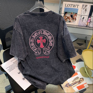 Leak-Picking ~ Counter Withdrawal Tail Order Big Brand Export American Retro Trendy Washed Print Cross Short Sleeve T-shirt for Women