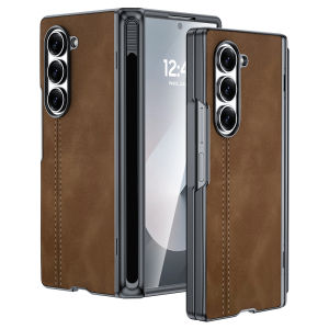 For Samsung Galaxy Z Fold 6 Phone Casewith S Pen HolderHinge ProtectionScreen Protector Leather Cover Case-Pink