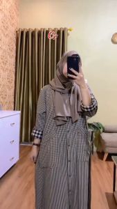 Midi Dress Wanita Motif Kotak-Kotak & Bahan Premium Katun