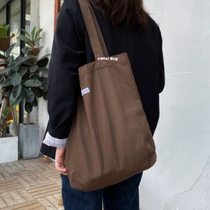 Wfei Ins Style Solid Color Canvas Shoulder Bag Brown Canvas Bag Large Capacity Cotton Student Canvas Schoolbag Canvas Schoolbag
