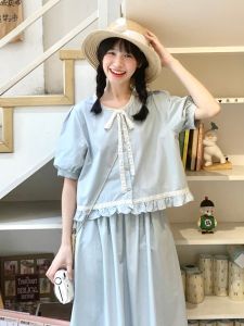 Summer Blue Short Sleeve Shirt Skirt Set Womens French Doll Top Cotton Blend Sweet Style Straight Cut Bubble Sleeve round Neck