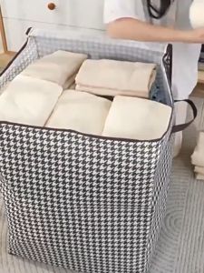 GetGadget⚙ 100L Fabric Storage Boxes with Lids Houndstooth Clothes Quilt Bins Container Organizers with handle Fabric Clothes Basket Multi-Purpose Blanket And Curtain Bag Foldable Pretty Decorative Storage Basket