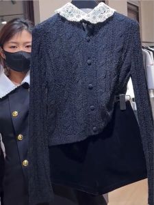 เสื้อคาร์ดิแกนถักสีดำทรงสลิมฟิตสำหรับผู้หญิง เสื้อคลุมกันหนาวแบบสวมหัวแขนยาว ทรงปกติ ฤดูใบไม้ร่วง 2024