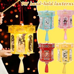 4Pcs Mid Autumn Festival Hexagonal Lantern with LED Light Handmade DIY Lantern Kids Gift Festival Decoration Night Light