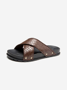 Aokang Mens Fashionable Casual Slip-On Summer Shoes Comfortable Soft Bottom Woven Slippers Breathable Flat Heel Pure Color