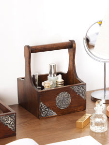 ตะกร้า ไม้สักวางบนโต๊ะ กระเช้าสำหรับห้องครัว ห้องน้ำ จัดเก็บเครื่องสำอางค์ของเล็กๆ ใช้นิเกิลลายช้างตกแต่งลวดลายพื้นบ้าน สีโอ๊ค