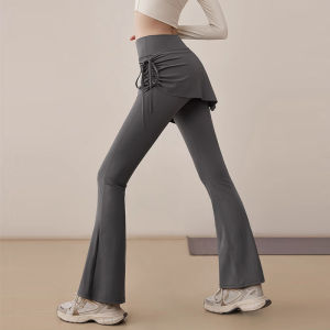 High Waist Leggings Womens Yoga Pants Tight Micro Flare Squat Proof Stomach Control Four Way Stretch Exercise Fitness Skirt Pants Fake TwoPCS Pilates Training