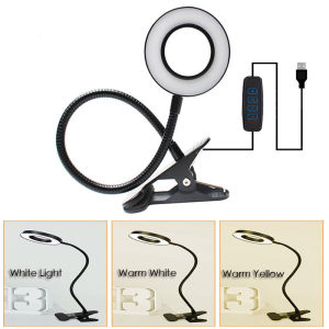 LED Ring Clamp Lamp 3-Level Color Temperature Adjustable USB 360° Rotatable Gooseneck for Nail Reading Desk Eye Protection Light
