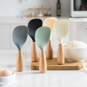1PC Wooden Handle Rice Spoon Vertical Silicone Rice Spatula Heat-resistant Non-stick Rice Cooker Spoon