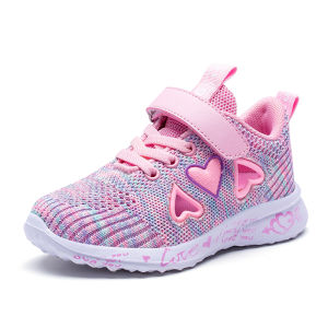 Girls Sneakers 26-37 Breathable Honey Pink Fashion Children Casual Hollowed-Out Cool Fly-knitting Sport Shoes Non-Slip Woven Fabric Light Teenager Footwear Flexible Infants Primary School Student Anti-skid Sweet Outdoor Leisure Kids Princess Running Shoes