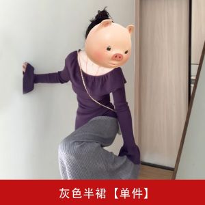 Purple Knitted One-Shoulder Dress Womens Fashion Autumn Winter New High Waist A-Line Skirt Sweet Style Casual Long Sleeve