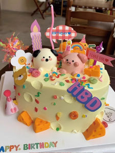 Trendy Cute Dog Cheese Cake Decoration Cartoon Pig Pig Korean Style Ins Flag Plug-In Ice Cream Candle Birthday Party Supplies
