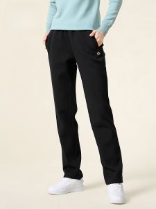 Hongxing Erke Womens Straight Leg Knitted Cotton Sport Pants Loose Fit Black Fitness Training Casual Trousers