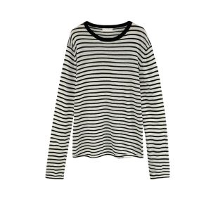 YUEZHONGWEI | Blue Striped Ice Silk Knitted Summer Thin Long Sleeve Womens T-shirt Air Conditioning Shirt Face Mask Loose Fit Commute Style