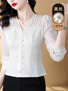 เสื้อเชิ้ตไหมระดับไฮเอนด์สำหรับผู้หญิง แขนยาว แฟชั่นฤดูใบไม้ร่วง 2025 ใหม่ เสื้อไหมมัลเบอร์รี่ที่สวมใส่สบาย สไตล์วินเทจ