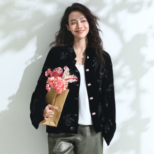 Miccbeirn | Elegant Embroidered Silk Velvet Jacket With Buttoned Collar Chinese Style Top Quality Fashionable Open Cardigan For Women