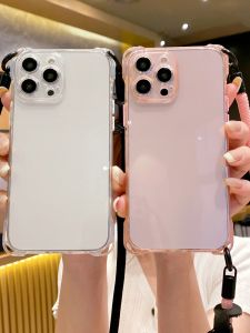 New Arrival Japanese and Korean Apple 15pormax Comes with Long Lanyard 14plus Creative 13 Fancy 12por Fresh 11 High Transparent Minimalist Ins Style Protective Case Niche Style Girly and Fashion