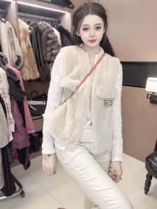 เสื้อกั๊กขนกระต่ายยุโรปแบบใหม่ปี 2024 สำหรับผู้หญิง แขนสั้น คอวี ไม่มีแขน ขนกระต่ายปลอม แฟชั่นฤดูใบไม้ผลิ