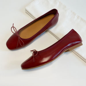 French Vintage Butterfly Knot Flat Bottom Ballet Shoes Womens Genuine Soft Sole round Head Slip-On Fashionable Casual Loafers