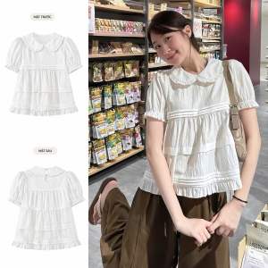 Áo babydoll chất Gió Nhăn - Thiết kế cổ bèo bản lớn tay bồng bo chun phối tầng xinh xắn