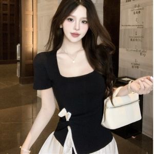 GUZILIAN | French Style Sweet Summer T-Shirt Square Collar Butterfly Knot Uneven Waist-Cinching Short Sleeve Top Korean Commute Style